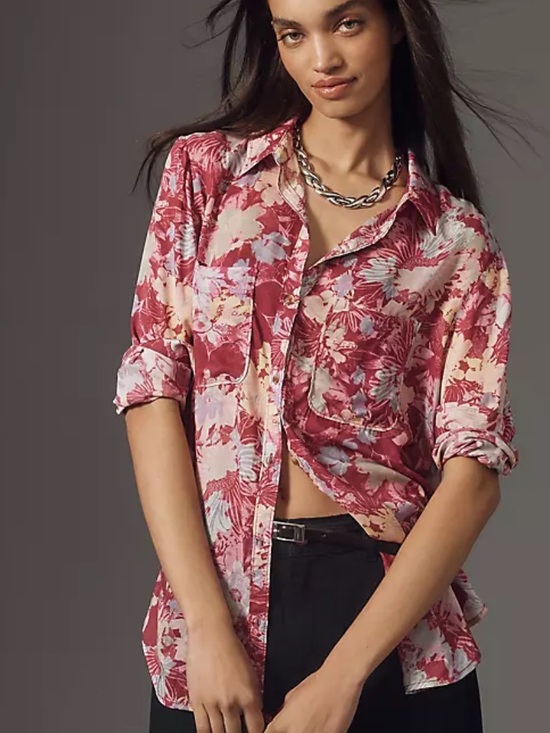 Anthropologie Tops - Anthropologie Pilcro Floral Button Down Blouse Oversized Pink Modal Top M